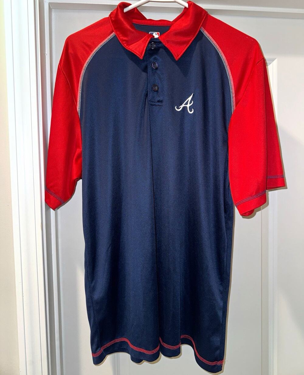 Majestic Atlanta Braves MLB Baseball Polo Shirt Blue/Red Short Sleeve Mens L